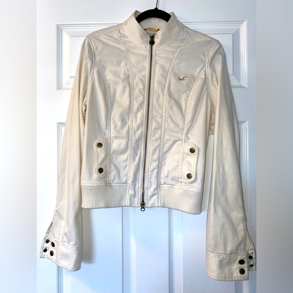 Hollister Cream Utility Bomber Jacket Sz Large EUC